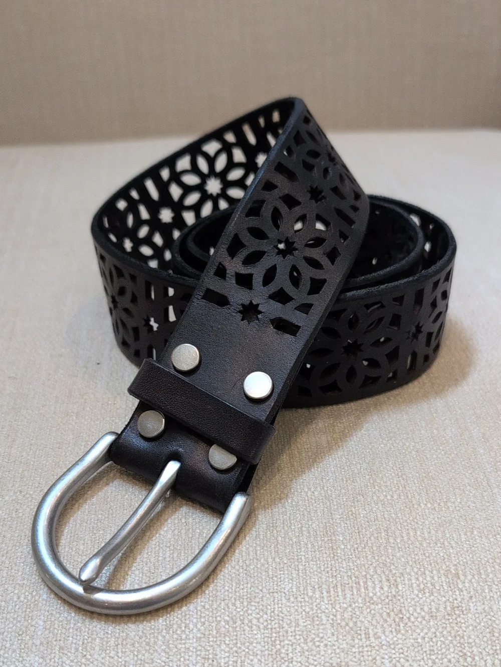 Black Laser-Cut Floral Leather Belt Silver Buckle Adjustable